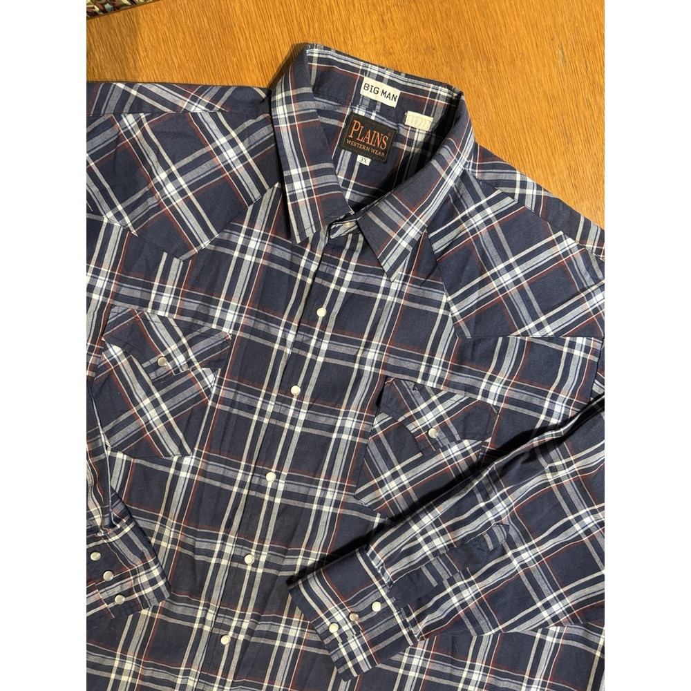 Plains Western Wear Big Man 3X Snap Shirt Blue Red Plaid Western Pearl Snaps